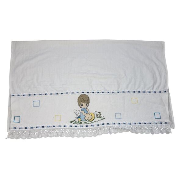 Vtg Precious Moments Baby Blanket Sheet Baby Boy Cross Stitch Embroidered Lace - Picture 3 of 5